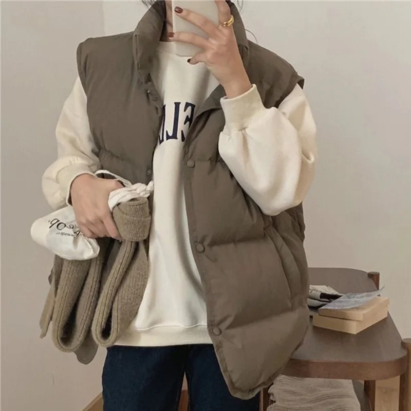 Single Breasted Cotton Vest Women Loose Sleeveless Cotton Jackets Woman Autumn Winter Stand Collar Warm Vest Outwear Mujer