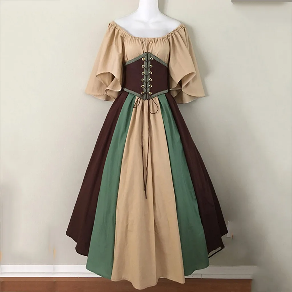 

European and American Medieval Retro Contrasting Slim Fitting Skirt with Flying Sleeves Large Swing Skirt One Shoulder Dress