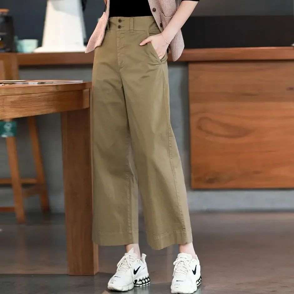 Cotton Nine Point Wide Leg Pants For Women's New Korean High Waisted Loose Fitting Straight Tube Harun Casual Pants XT1172