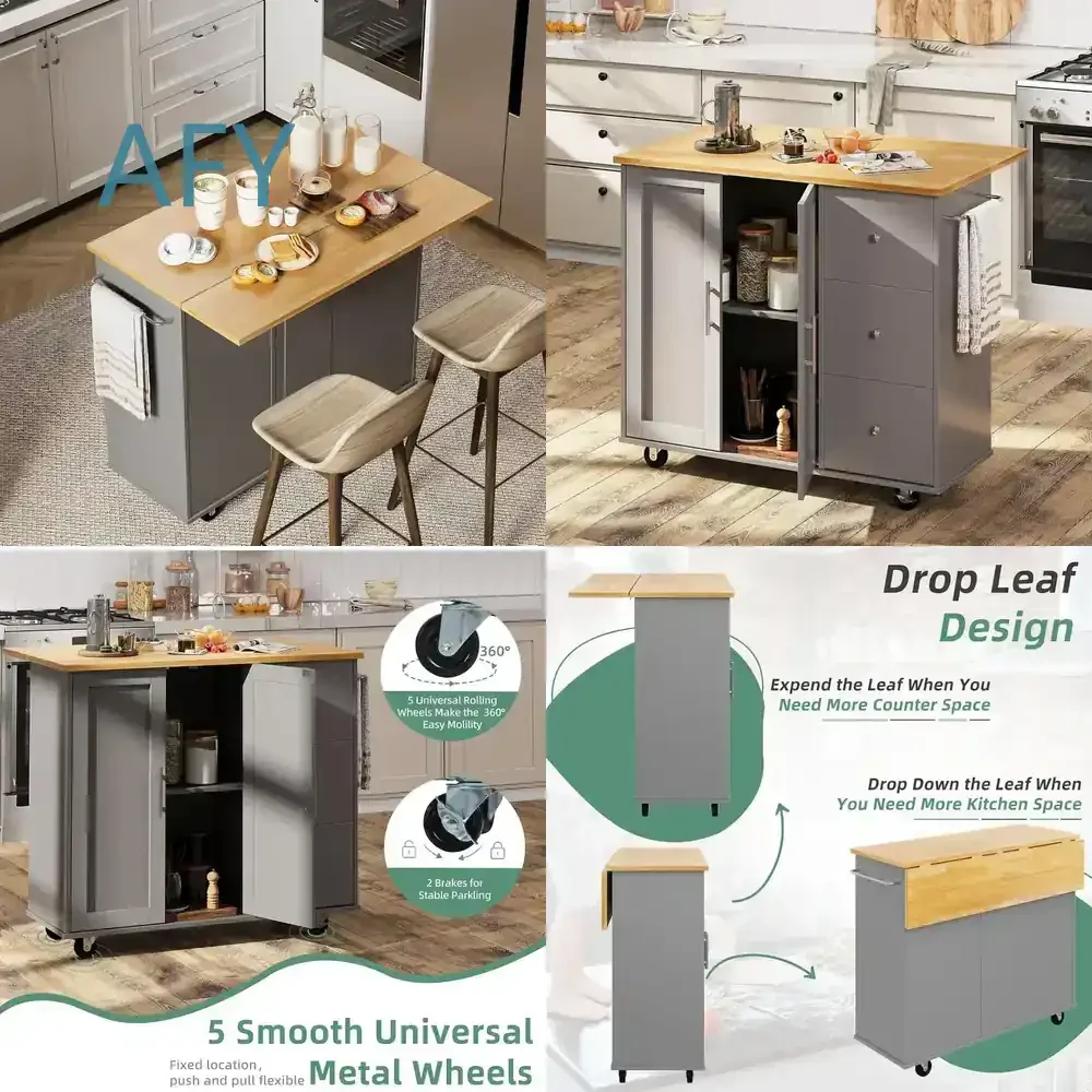 Simple Rolling Kitchen Island Cart for Small Kitchen With Folding Drop Leaf Breakfast Bar Portable Trolley Island With Large