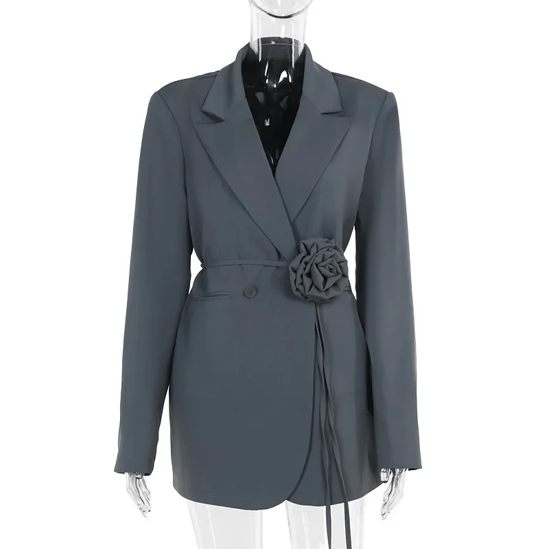 Blazer de manga comprida feminino, com renda, flor amarrada, jaqueta de inverno, slim fit, monocromático, escritório, roupa de senhora, entalhado, moda, 2022