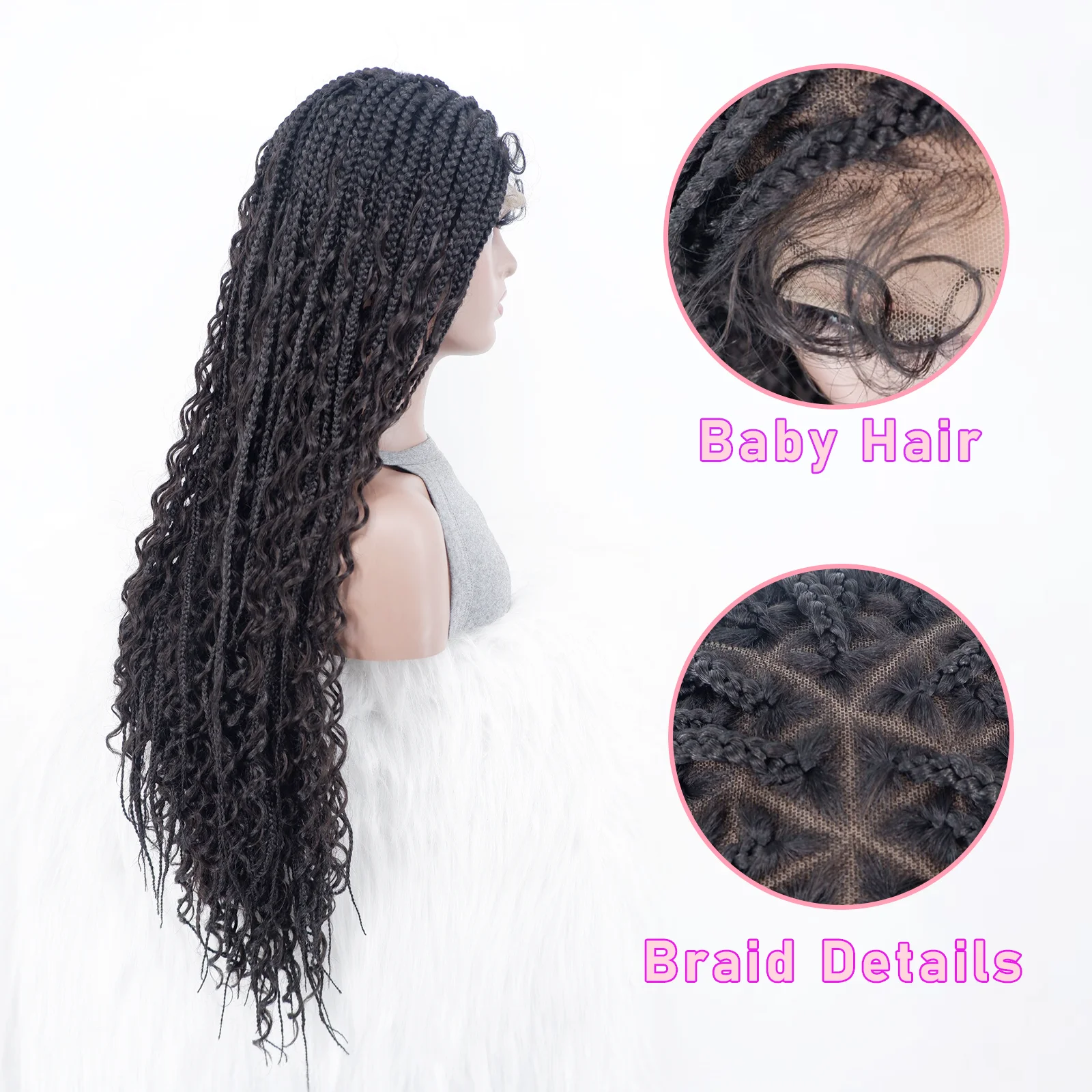 Perruque Lace Front Wig Synthétique Tressée Sans Nministériels d, Style Boho, avec Baby Hair, pour Femme Noire