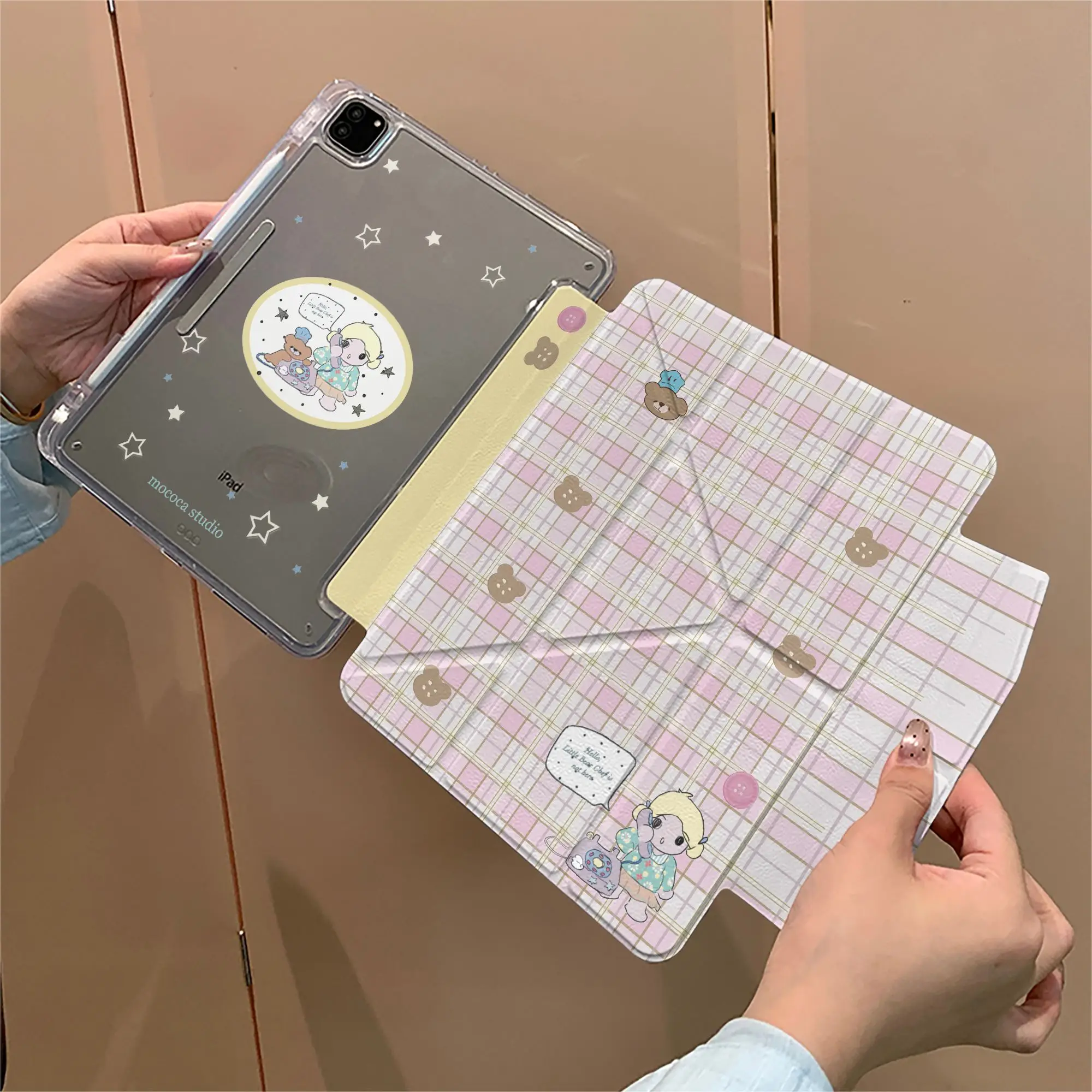 

Cute Grid Bear Pattern Girl For iPad 11 Flat Shell Air7/6 Protective Cover Y-Fold 5/4 With Buckle Pro Cartoon 9/8 Generation