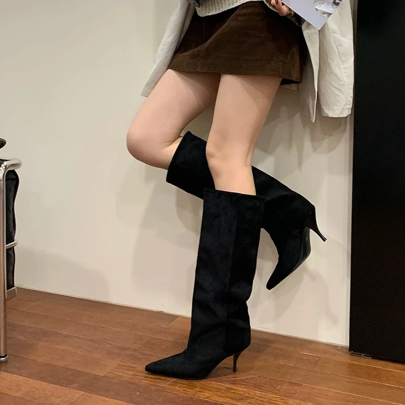 

Luxury Women's Shoes Winter Street Style Vintage Pleated Pointed Toe Knee-High Boots Women Thin Heels Fashion Long Boots Zapatos