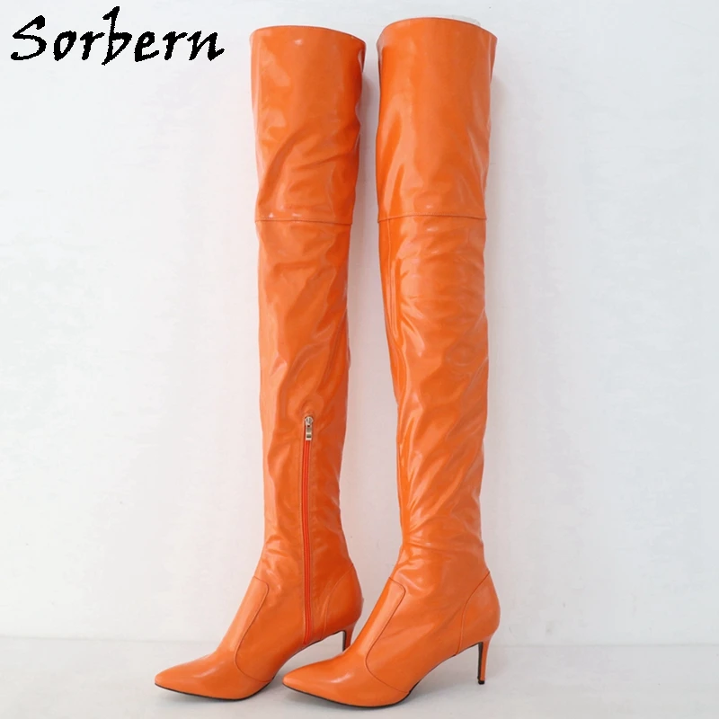 

Sorbern Orange Neon 9Cm Stilettos High Heel Fetish Boots Women Pointed Toe Winter Style Plush Inside Custom Slim Leg Fit