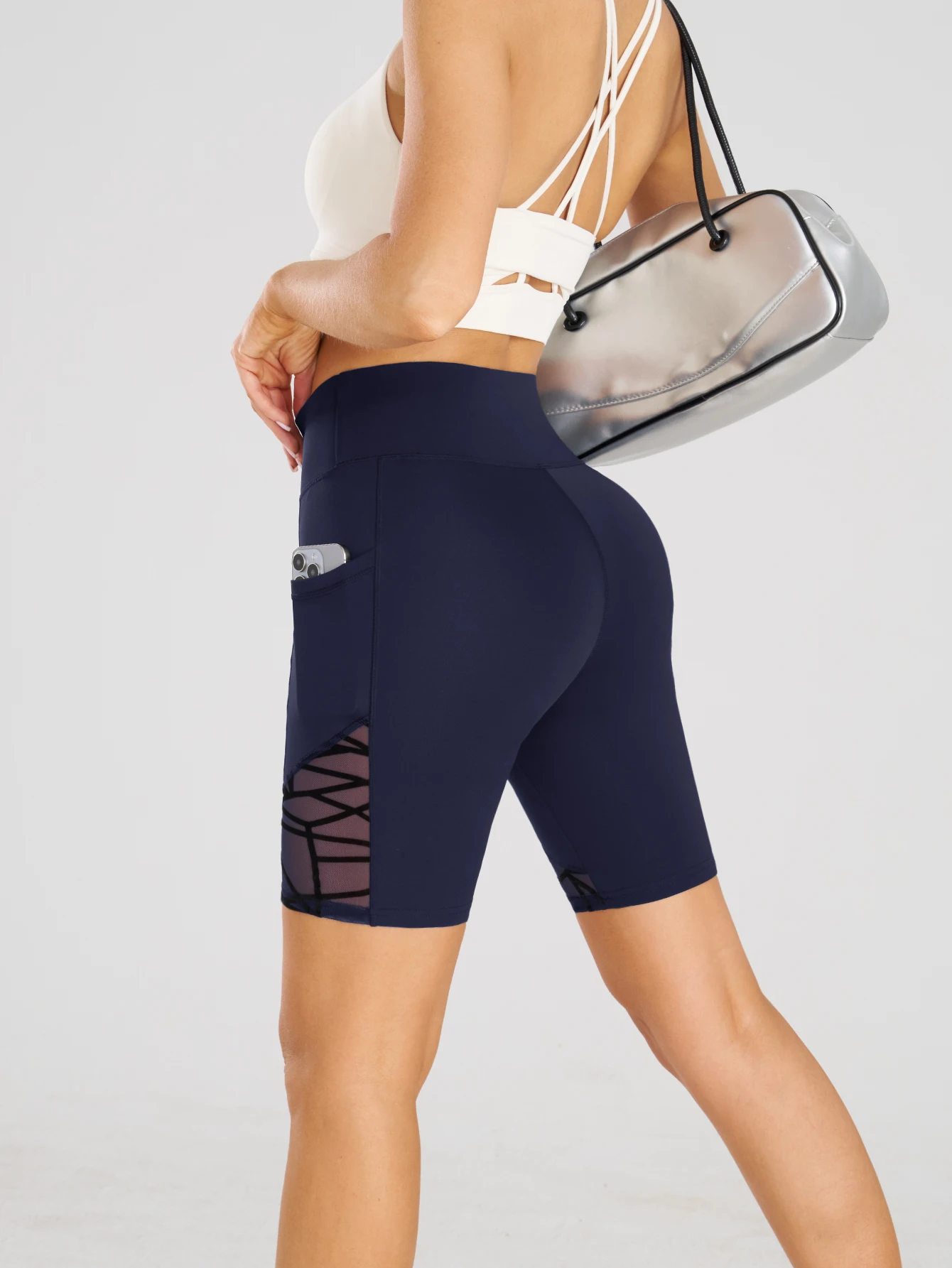 Women High Waist Yoga Shorts Mesh Patchwork With Phone Pockets Stretch Breathable Biker Shorts For Gym Fitness Daily Training