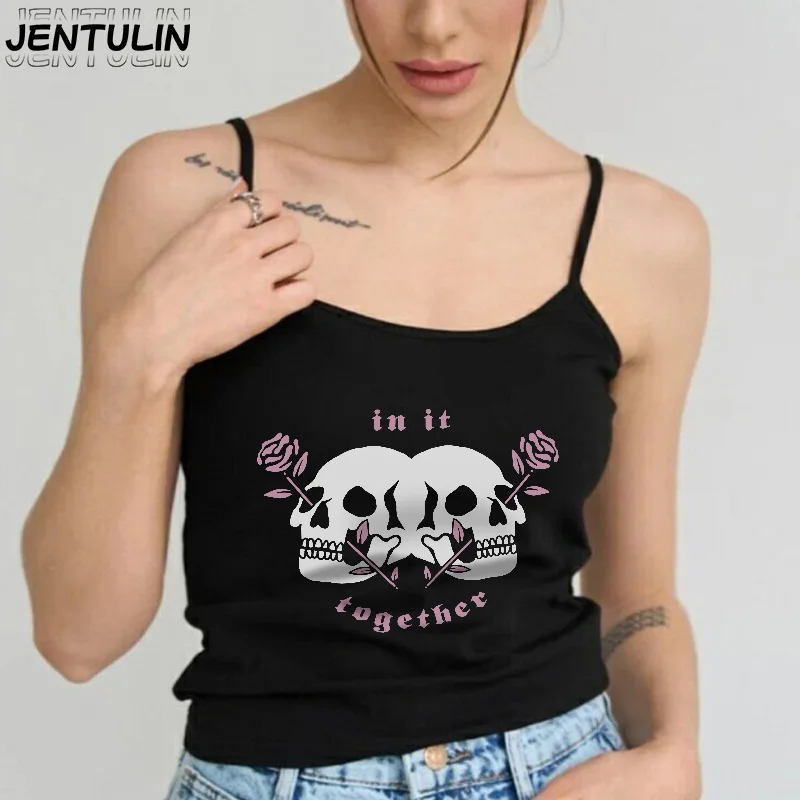 Gothic Punk Skull Print Tank Top Women Sleeveless Vest Clothes Casual Vintage Streetwear Y2k Crop Top Emo Girls 2000s T Shirt