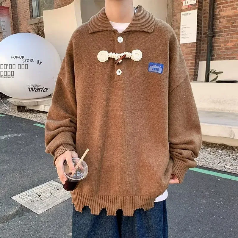 

Американский вязаный свитер в стиле ретро, свободный крой, для мужчин и пар, с отложным воротником, повседневный, удобный, из полиэфирного волокна, зимнее пальто