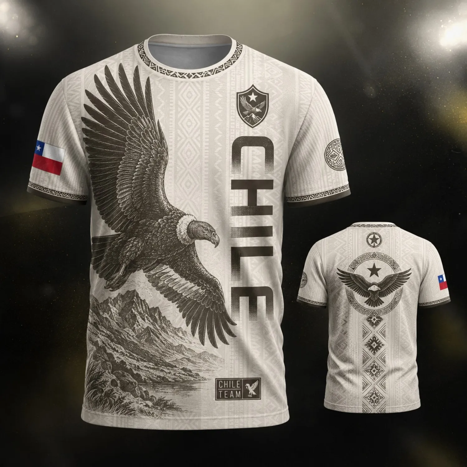 Mens Crew Neck T Shirt Chile Black Gold Flying Eagle Mountain Graphic Short Sleeve Casual Street Outdoor Team Style Top Wear Tee