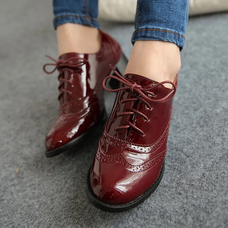 Women\'s Pump Shallow Brogue Shoe Vintage Chunky Heel Cut Out Oxford Shoes Woman Lace Up Female Fashion Elegant Ladies Short Boot