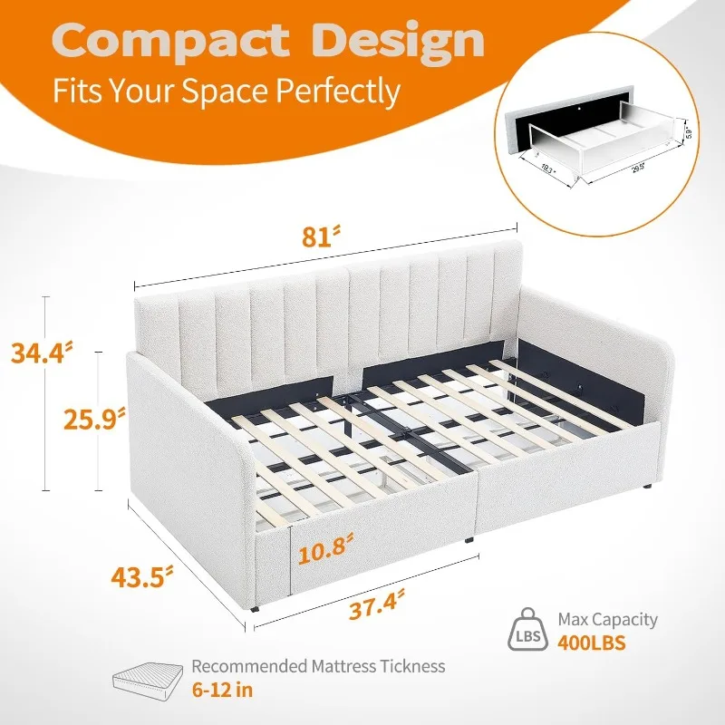 Boucle Tufted Day Bed Frame with Storage for Living Room Bedroom - Upholstered for Aged 5+ White