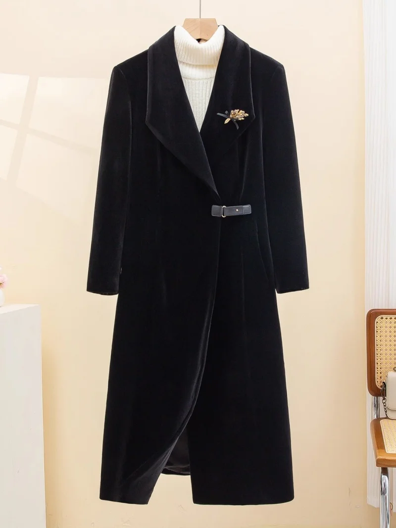 

High End Gold Velvet Windbreaker Jacket For Women Autumn And Winter 2025 Fashion Slim Temperament Mid Length Coat Blazer w1127