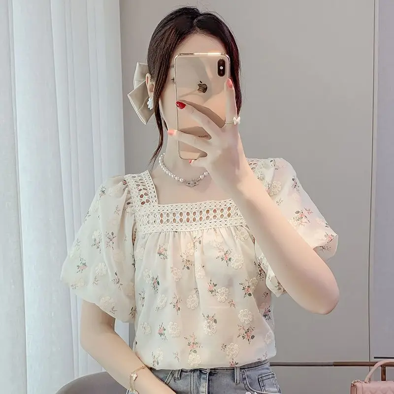 Women Summer Casual Fashion Lace Printing Square Collar Short Sleeve Chiffon Shirts Women Clothes Simplicity Appear Thin Top Tee