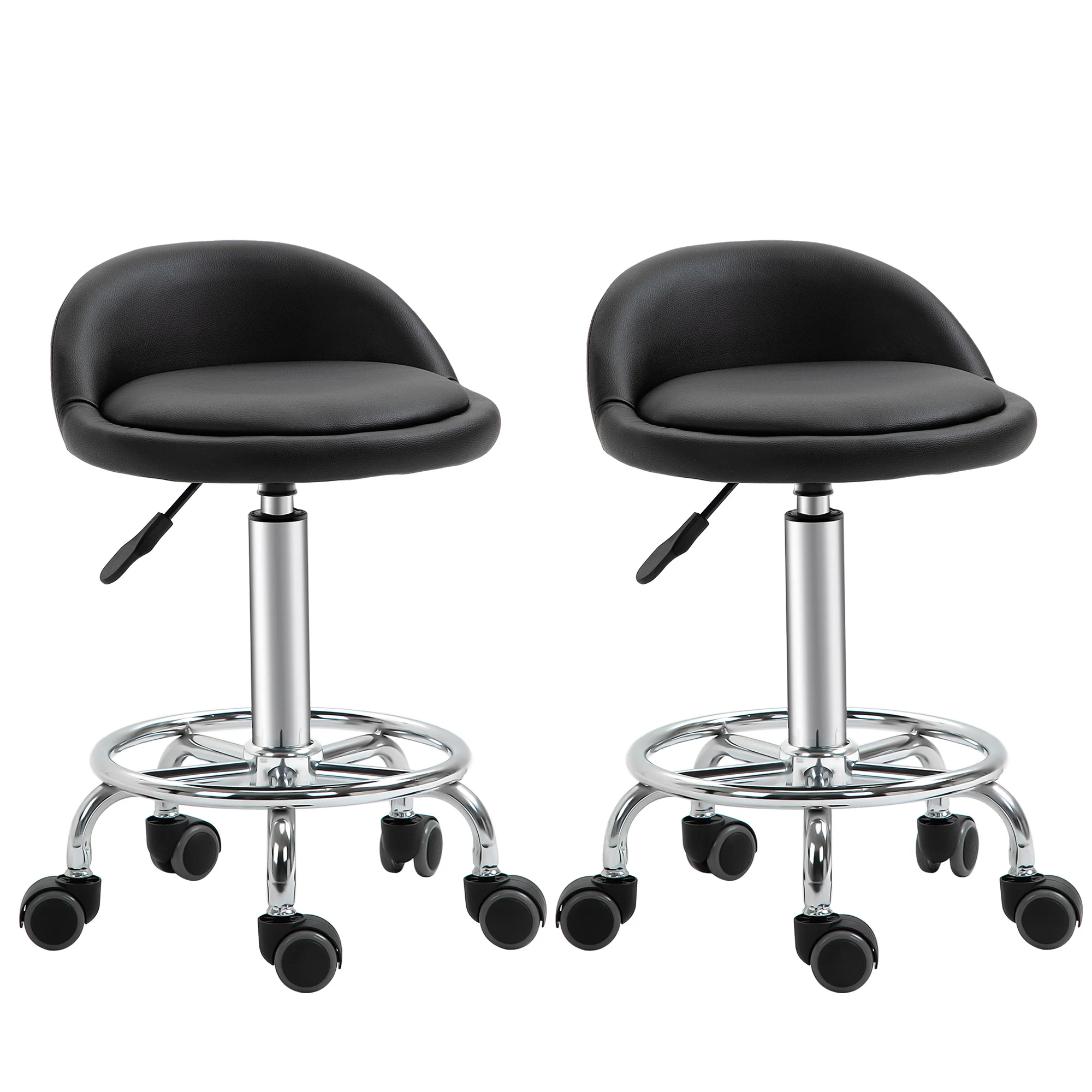 HOMCOM Lot de 2 tabouret à roulette tabouret de travail pivotant 360° - assise réglable 47-62H cm, dossier ergonomique - acier chromé revêtement synth