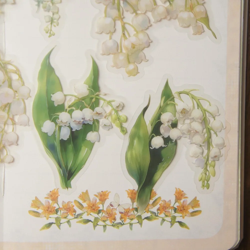 18pcs Soft Color Flower Lily of The Valley Rose Style PVC Sticker Scrapbooking DIY Gift Packing Label Decoration Tag