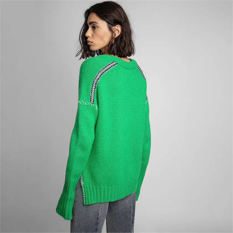 Zadig Women Fashion Sweater Fashion Green Embroidered Cotton Knitwear Female Cashmere Crew Neck Long Sleeve Winter Knitwear Tops