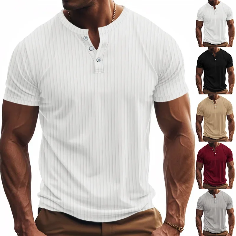 

Nice Independent Station Hot Summer Men's Fitness Leisure Sports Jacquard Pit Strip Quick Drying Breathable Henry Shirt Short Sl