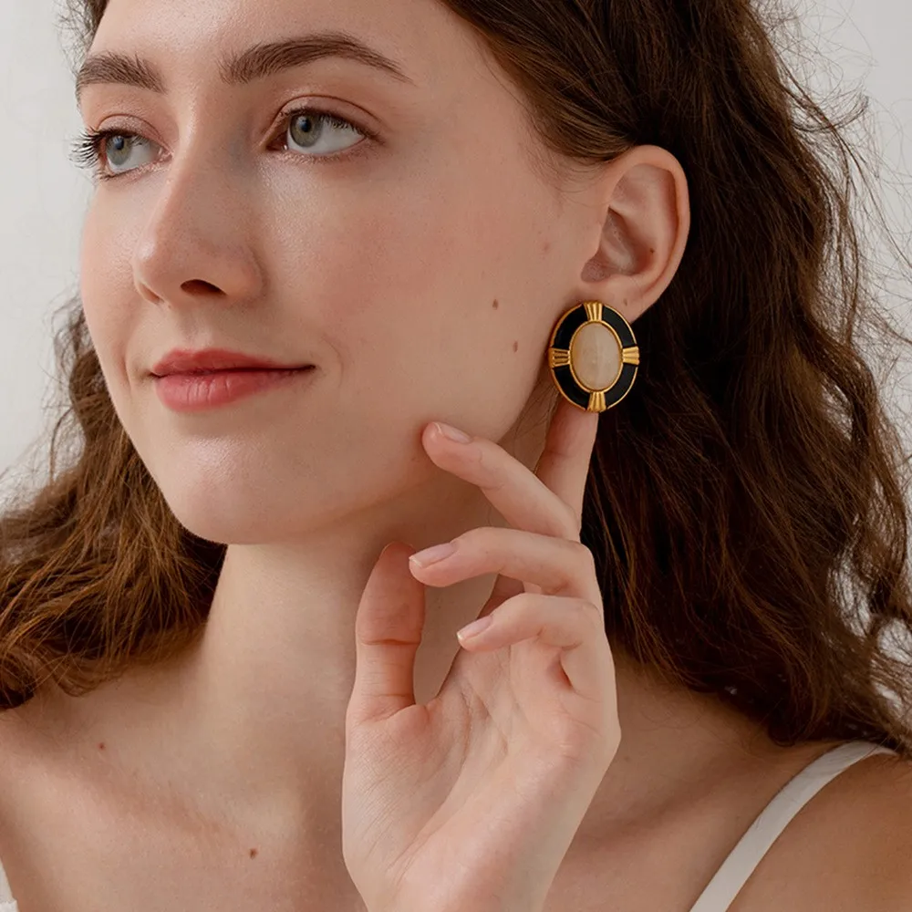 

Vintage Oval Natural Stone Inlaid Stainless Steel Earrings Gold Plated Minimalist Waterproof Ear Jewelry Accessories for Women