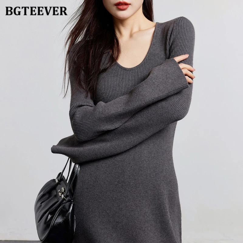 BGTEEVER Fashion V-neck Female Bodycon Sweaters Dress Autumn Winter Long Sleeve Slim Waist Women Knitted Dress