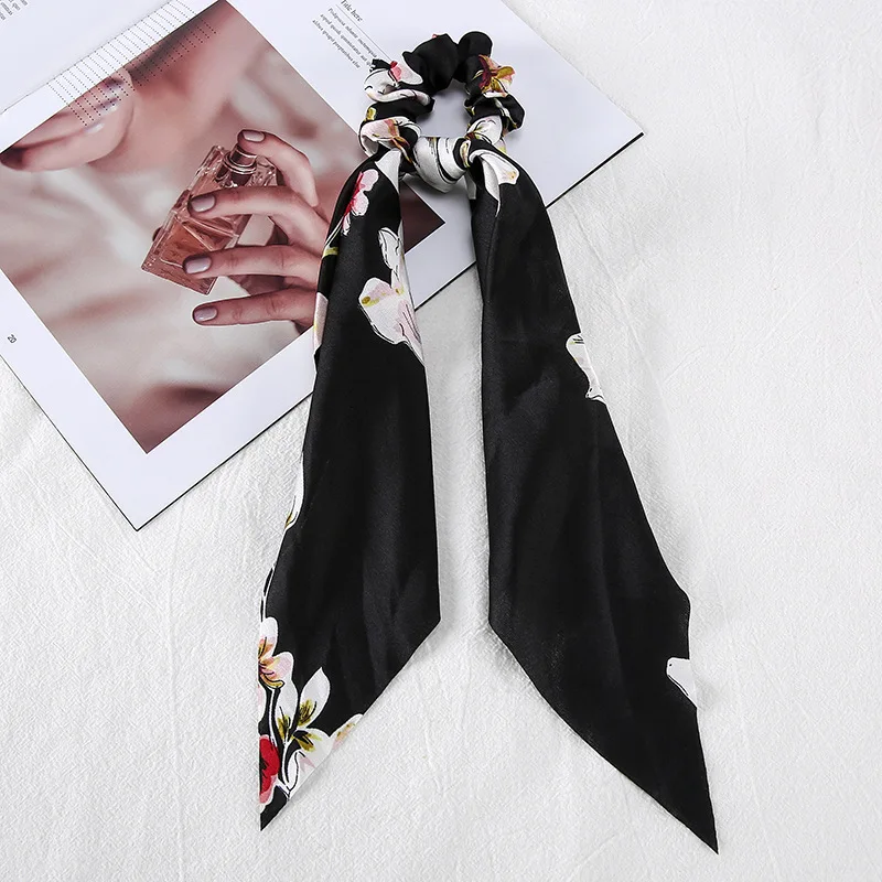 Romantic Silk Scarf  Rope Girl Hair Accessoires Retro Bow Hair Ring Chiffon Elastic Hair Bands Printed Ribbon Circle