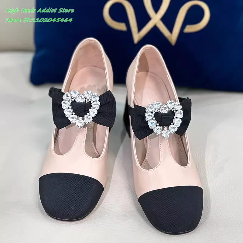 Women's 2024 New in Crysatl Heart Buckled Mary Jane Shoes Elegant High Heels Round Bow Cute Pumps Luxury Designer Party Shoes