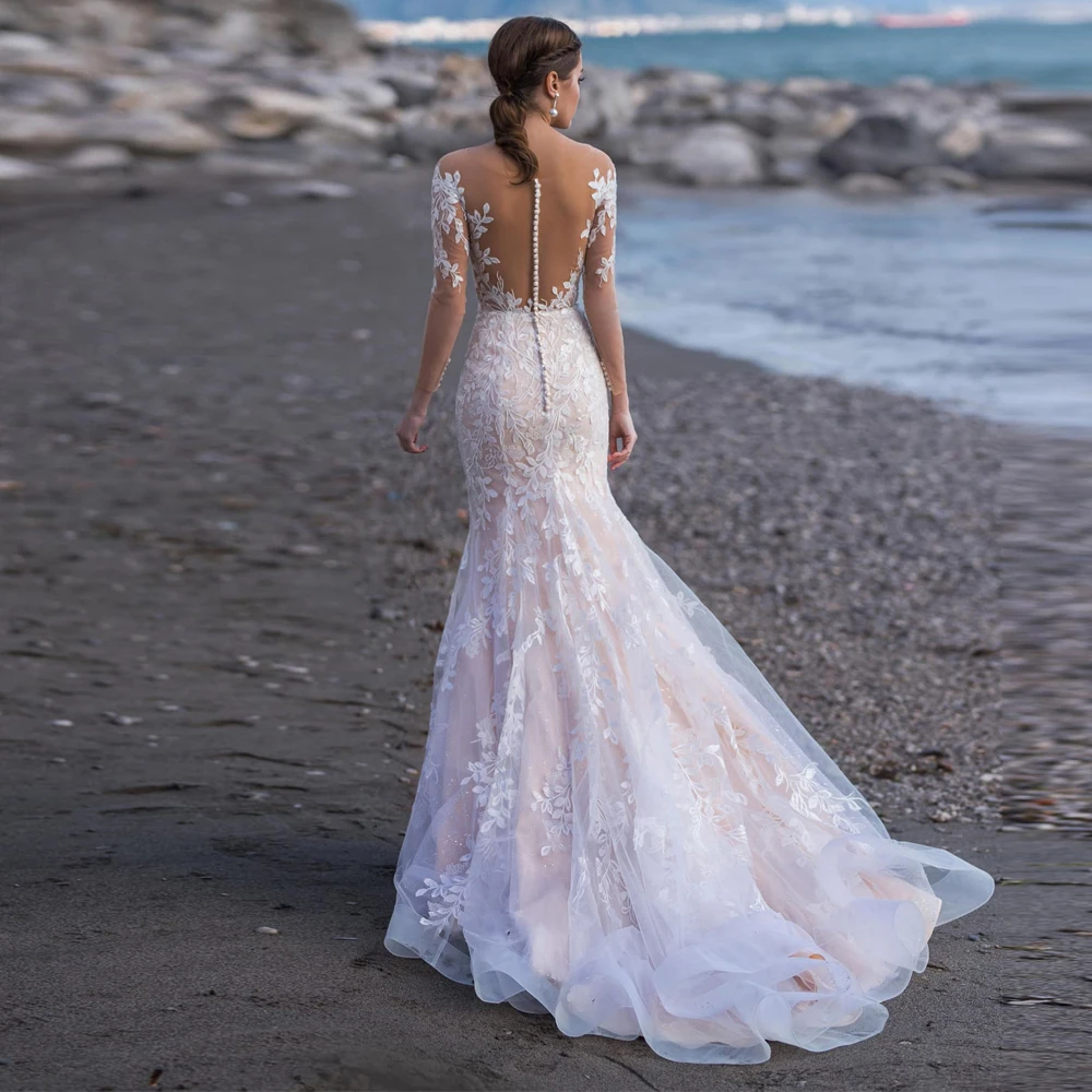 Praia mangas compridas sereia tule vestido de casamento elegante v-neck renda apliques ilusão volta com botão vestido de noiva feito sob encomenda