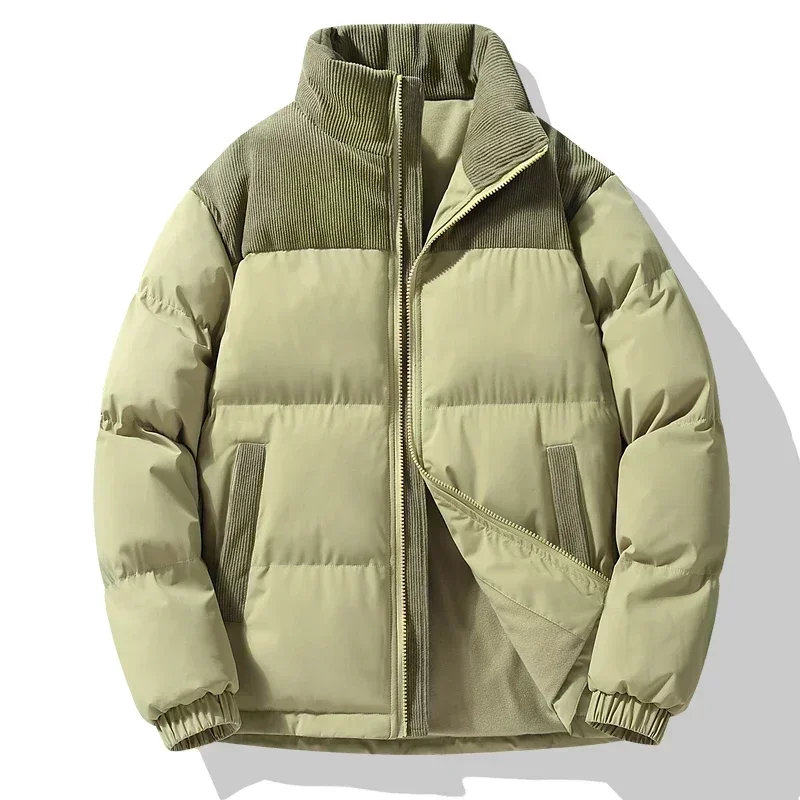 Manteau en duvet de sport à col montant décontracté pour hommes, veste en velours côtelé patchwork, parkas simples pour documents, chaud, hiver, 2024