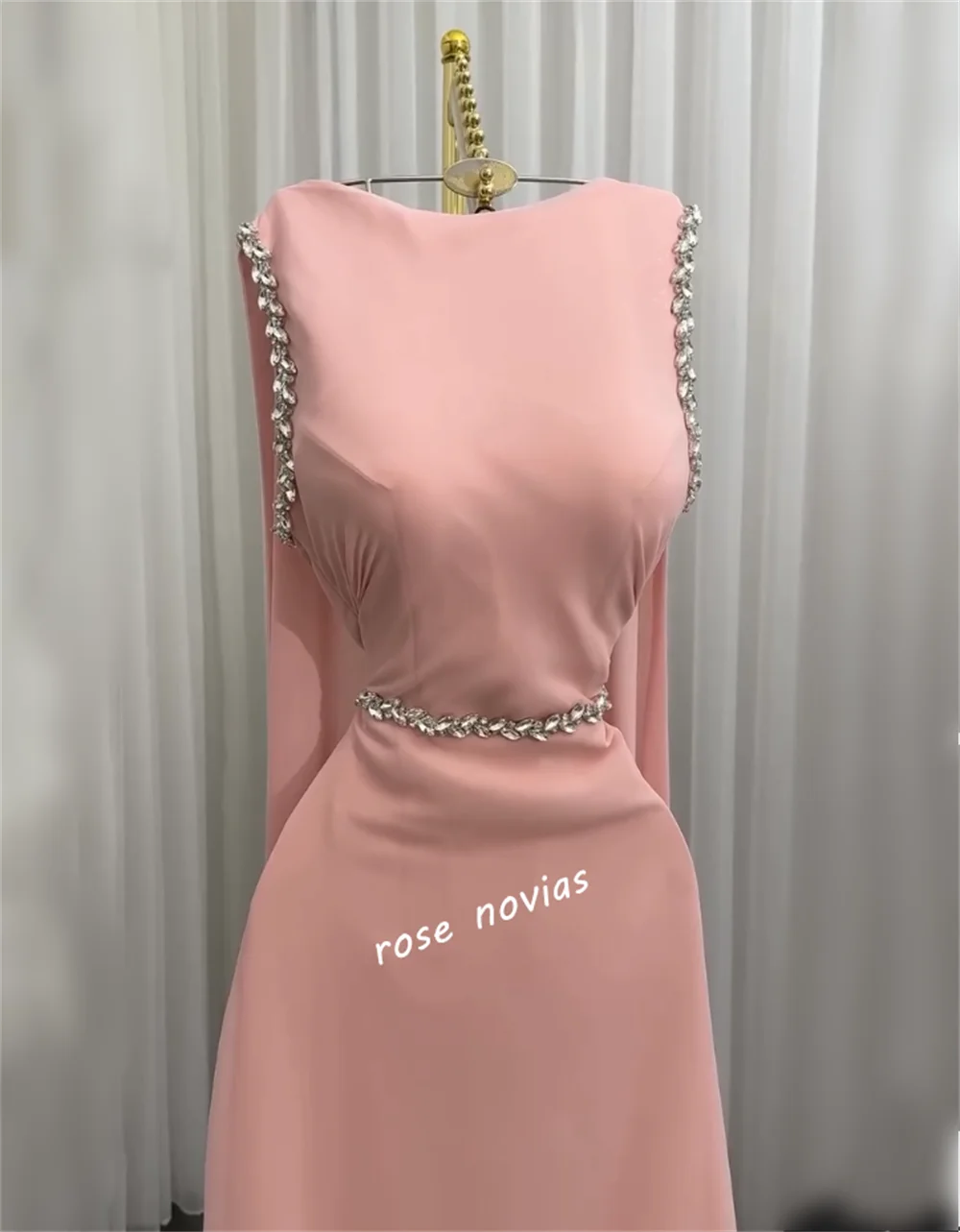 Customized Women's Evening Dress Glitter Rhinestone O-Neck A-line Long Pink Dresses Bespoke Occasion Valentine's Day Temperament