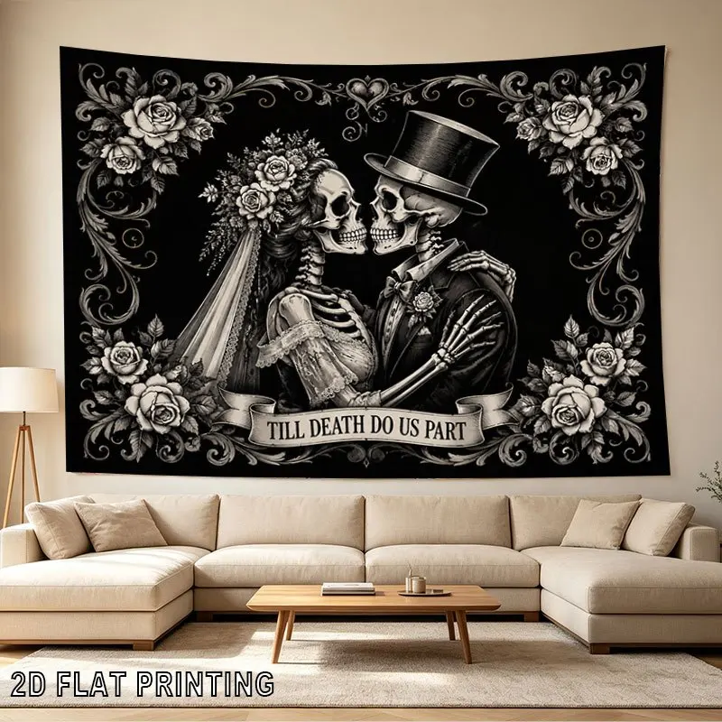 2D Flat Skeleton Wedding Couple Tapestry, Till Death Do Us Part Rose Border Print, Bedroom Living Room Wall Hanging Decor