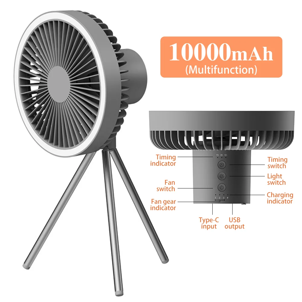 Ventilador eléctrico portátil para acampada, dispositivo de ventilación recargable de 10000mAh, Banco de energía, Mini enfriador de aire USB, circulador inalámbrico