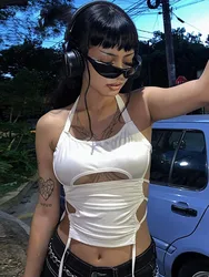 Y2K Sexy Backless Summer Crop Top Women Hollow Out 2025 White Sleeveless Bandage Halter Tank Tops Streetwear Cami 90s