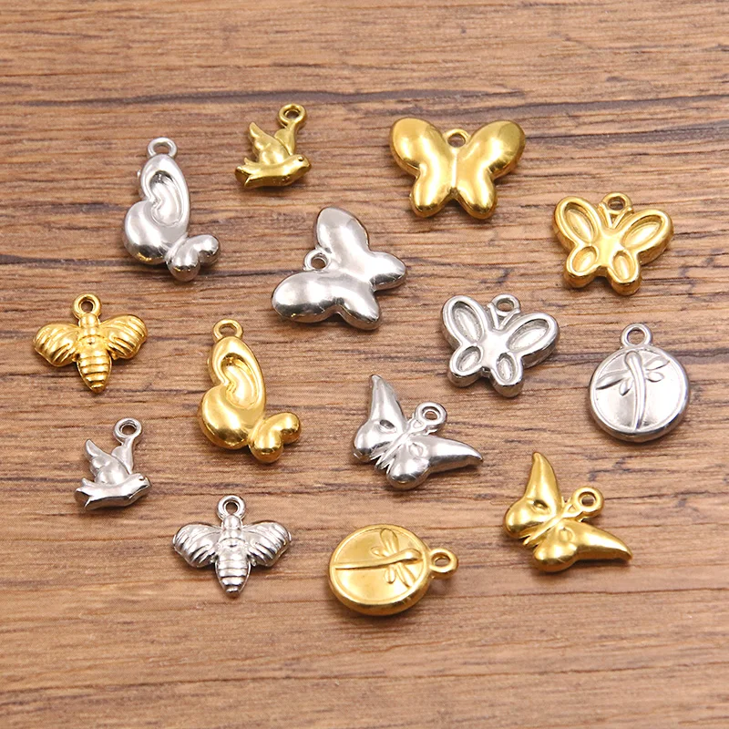 5Pcs 2 Color Mix Size 304 Stainless Steel Animal Pendant Dragonfly Butterfly Bee Charm DIY Necklace For Jewelry Making