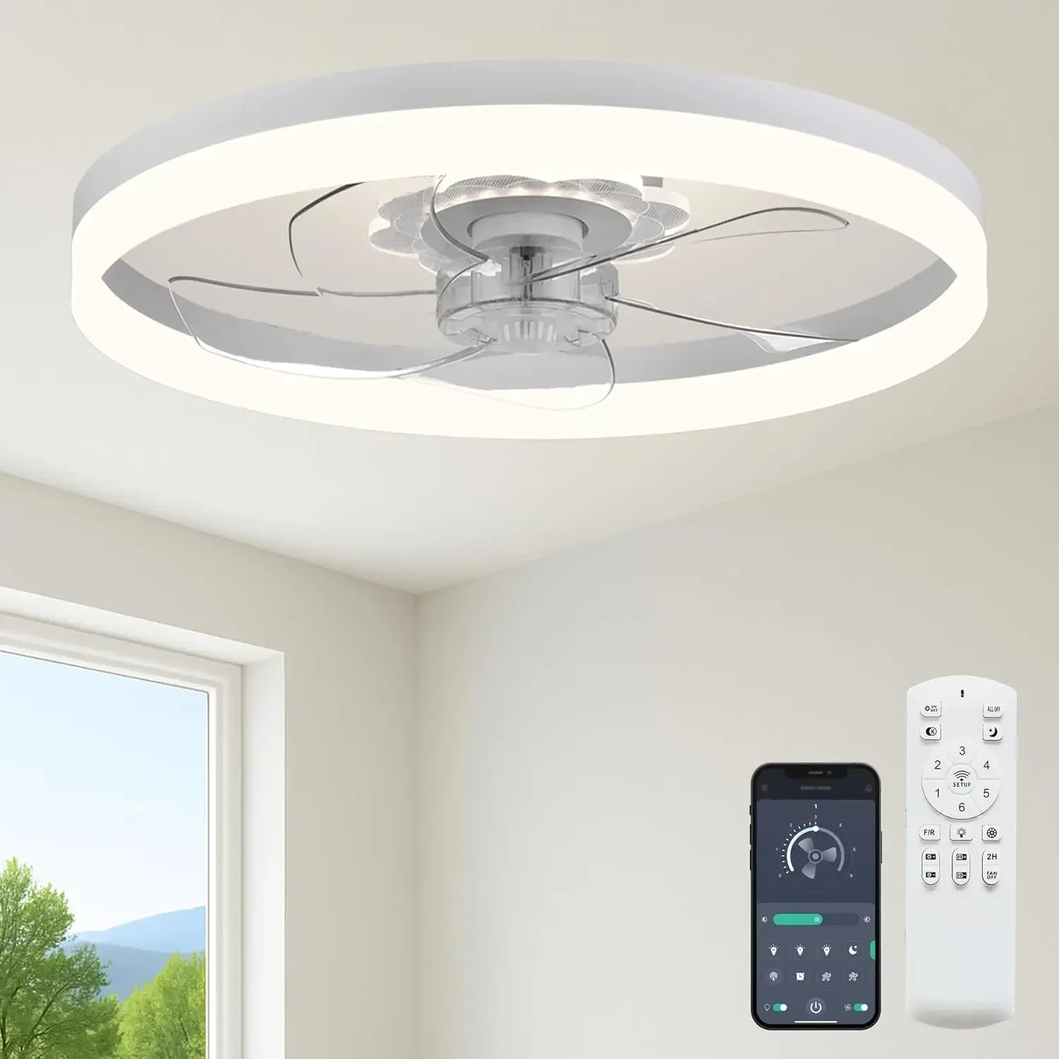

23.6'' Ceiling Fan with Light, Upgraded Low Profile Fan, Flush Mount Ceiling Fan, 6 Speeds, Dimmable LED, App & Remote Control,