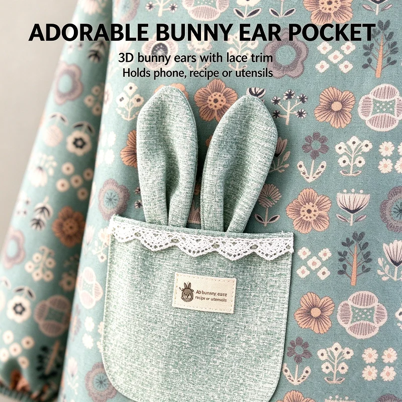 Cute Floral Cotton Linen Apron with Bunny Ear Pocket, Women Cooking Baking Apron, Long Sleeve or Strap Style