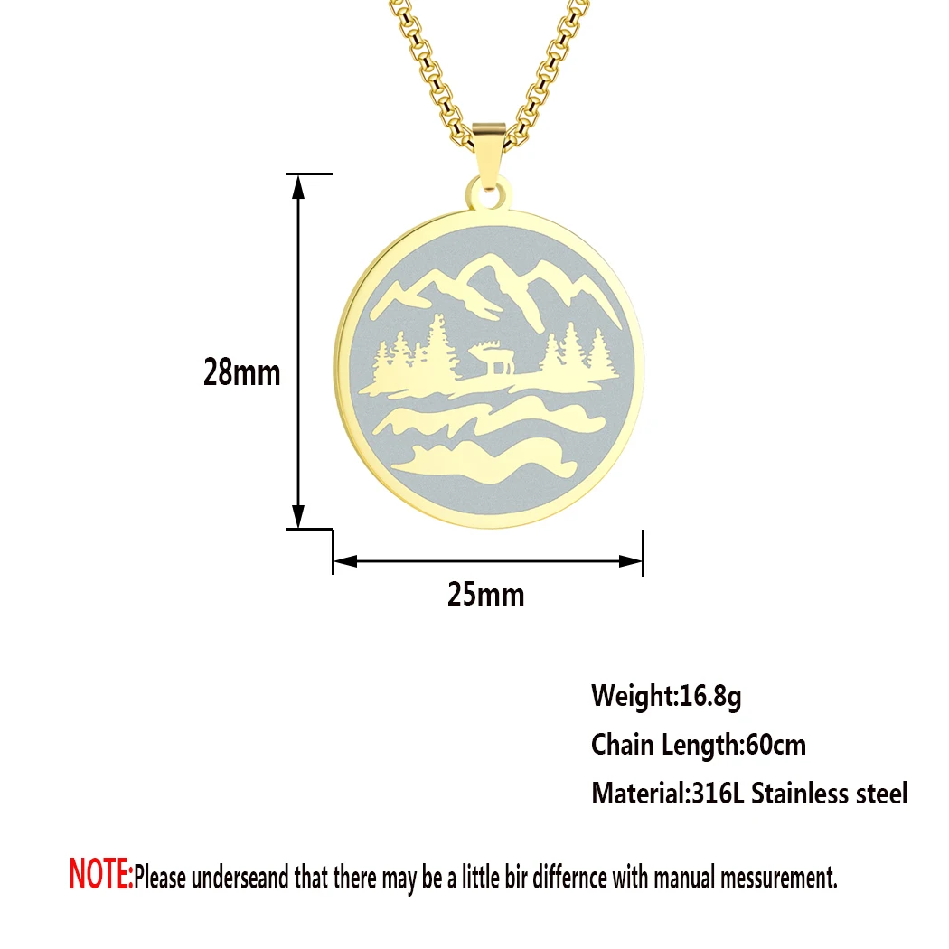 Kinitial Stainless Steel Medallion Hiking Mountain Necklace Men Forest River Charm Black Pendant Necklace Vintage Jewelry