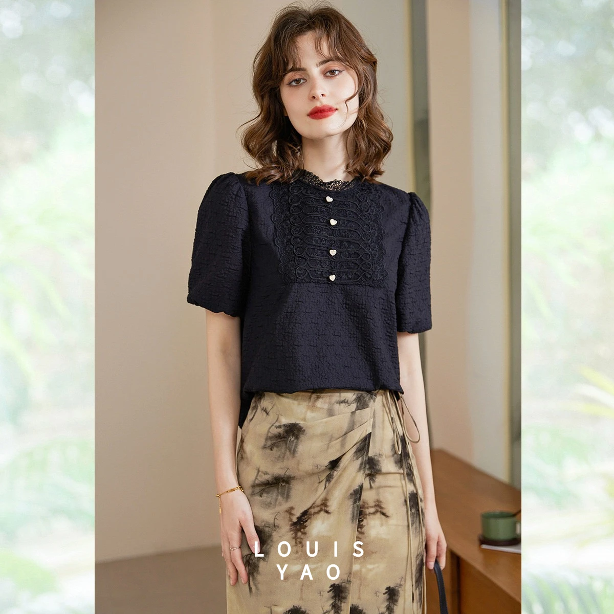 LOUISYAO 2026 Summer Chinese Style Frog Button Blouse Women Lace Stand Collar Puff Sleeve Shirt