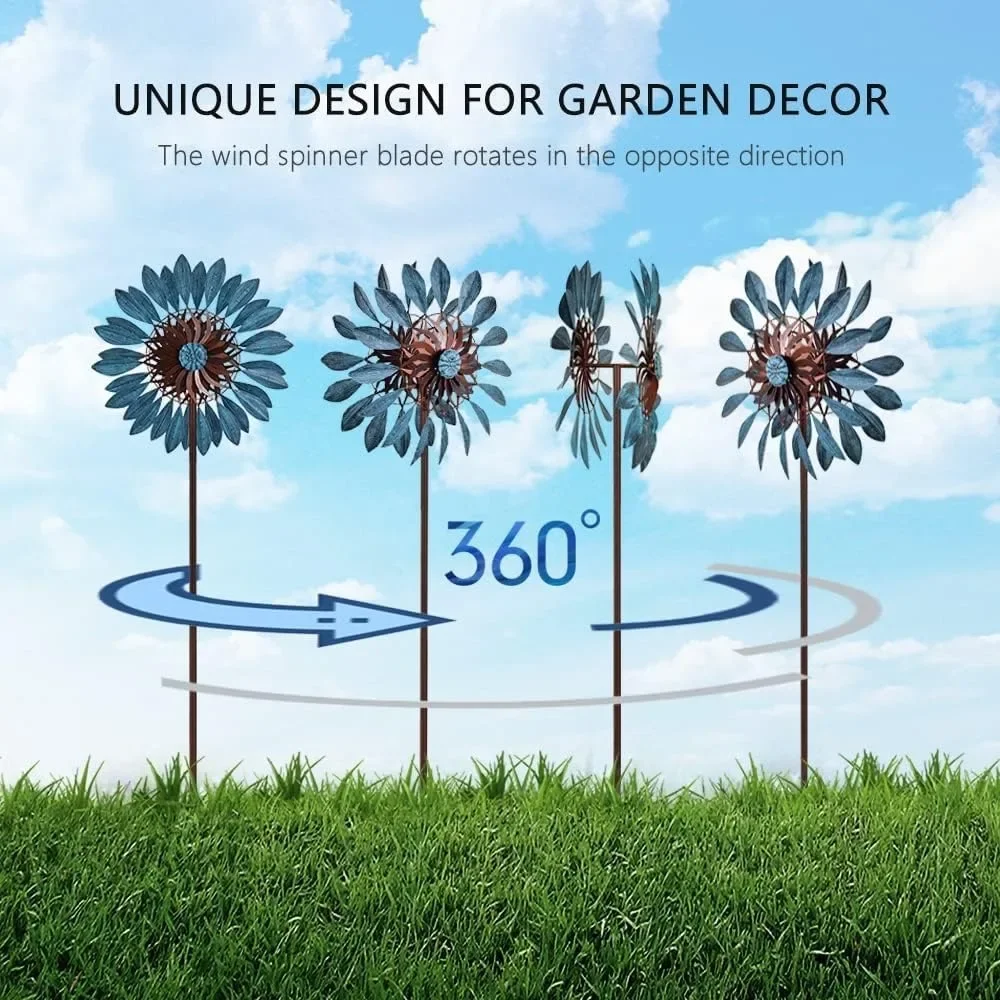 Garden Wind Spinner, Double Windmill Sculptures with Stable Metal Stake, Garden Wind Spinner