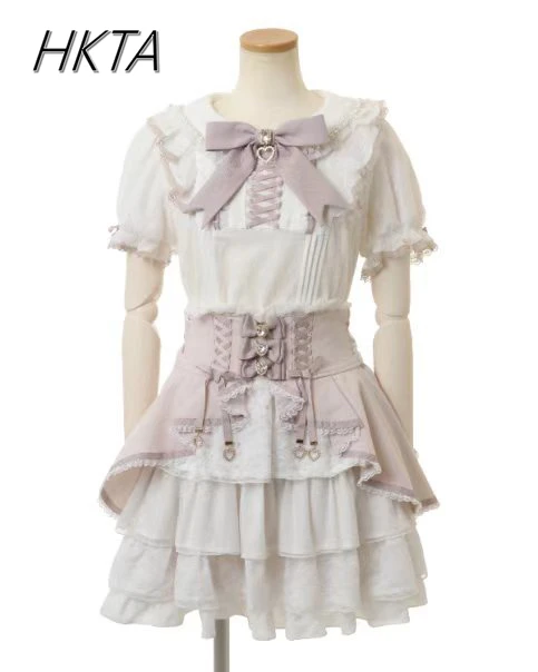 Chemisier japonais Lolita Sweet pour femmes, chemise à manches courtes, haut pour filles, dentelle biscuits, gros nœud, nouveau t-shirt d'été