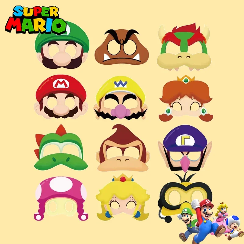 12 Pcs Set New Mario Bros Theme Party Cosplay Props Half Face Mask Birthday Halloween Masquerade Cute Decoration Accessories