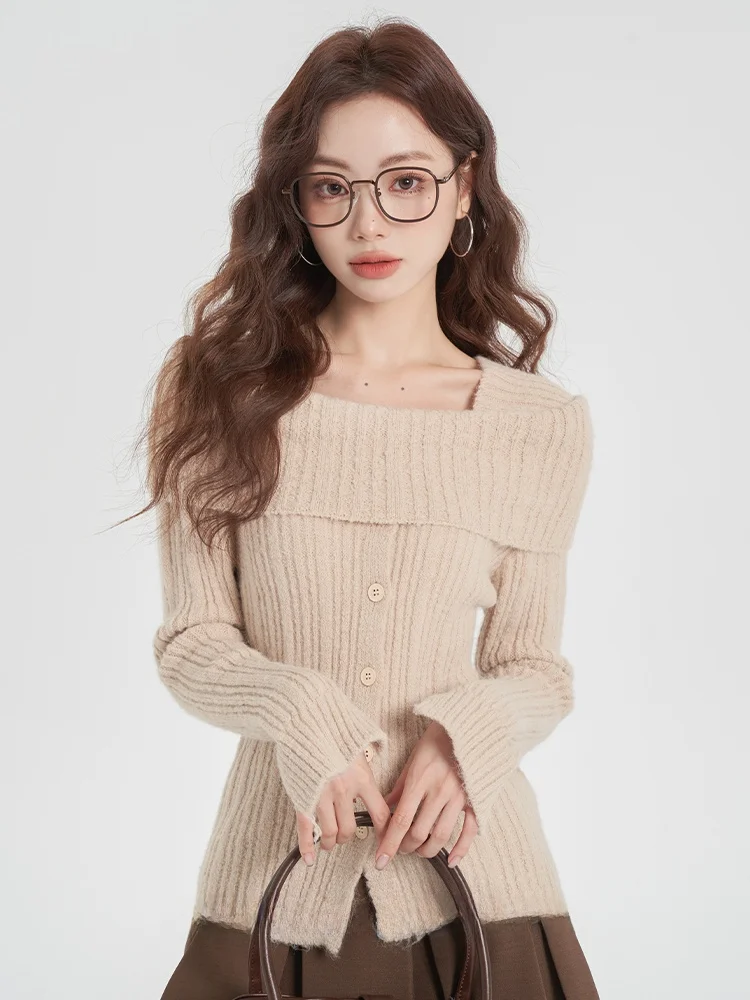 

Slim Fit Knitted Sweater Women's Base irt Lazy Sle One oulder Top Spring Autumn Inner Wear Casual Sle Qianyuan Fiber