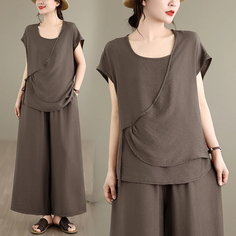 

High-End plus Size Women's Fashion Cotton Linen Top Wide Leg Pants Two-Piece Set Summer New Style Meat Concealing Outfit