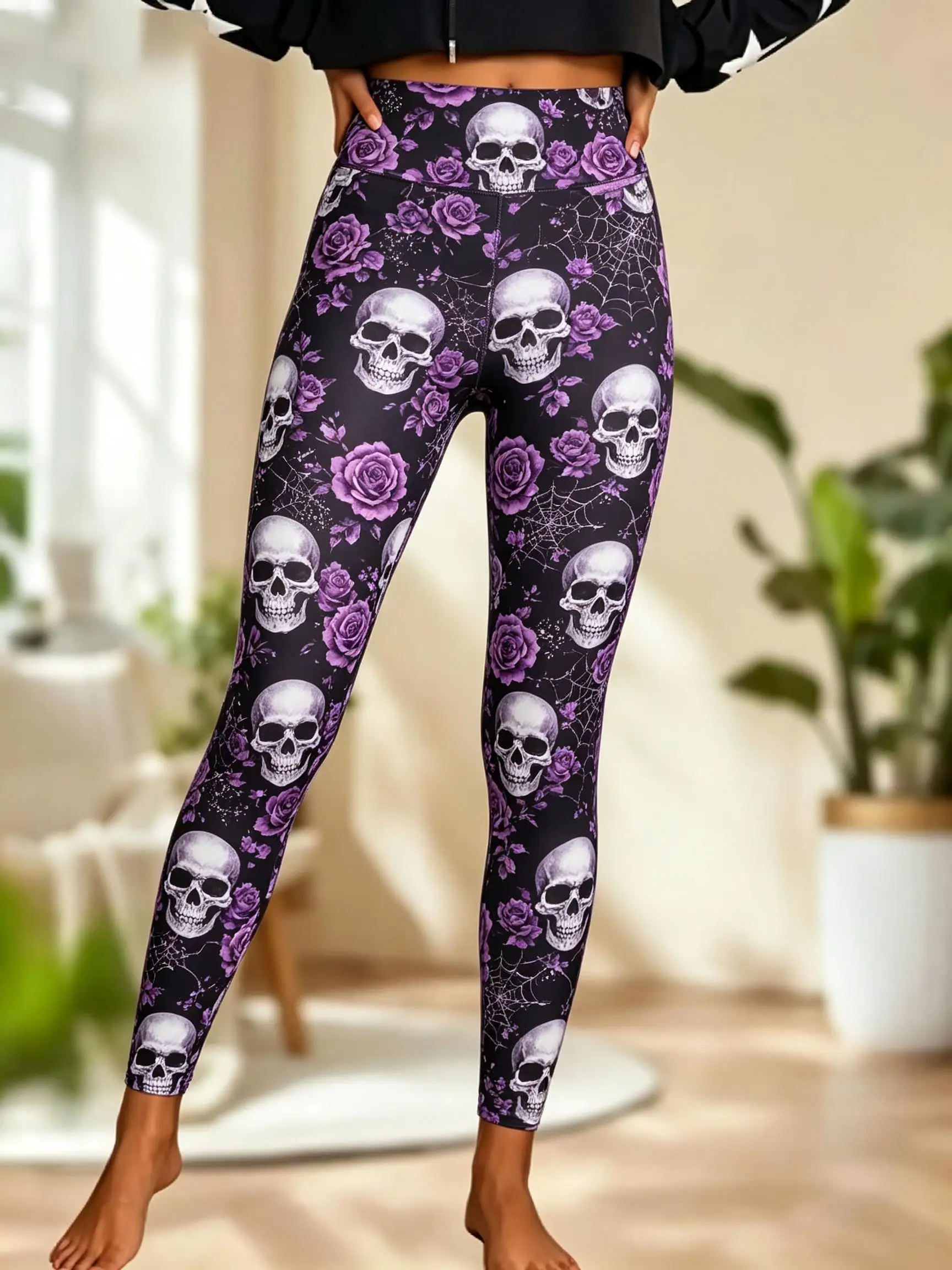 Women Halloween Fleece Mid‑Rise Leggings Sugar Skull Blue Rose Spider Web Full Print Stretch Slim Pants