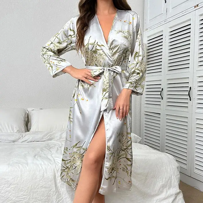 Summer Print Kimono Bathrobe Black Women Robe Nightgown V-Neck Sleepwear Loungewear Casual Lady Silky Satin Dressing Gown