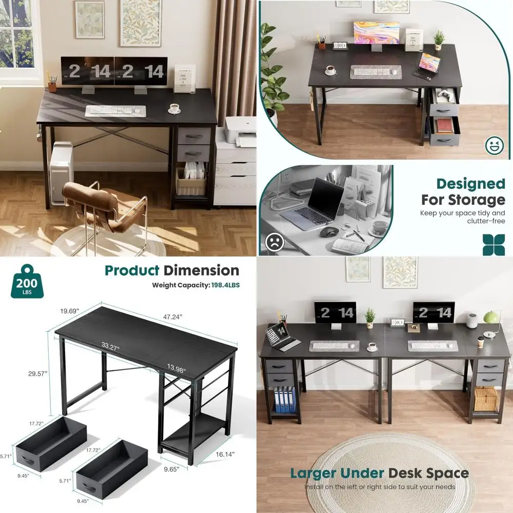 

Compact 47 Modern Home Office Desk with 2 Drawers and Storage Shelf for Small Spaces, Black