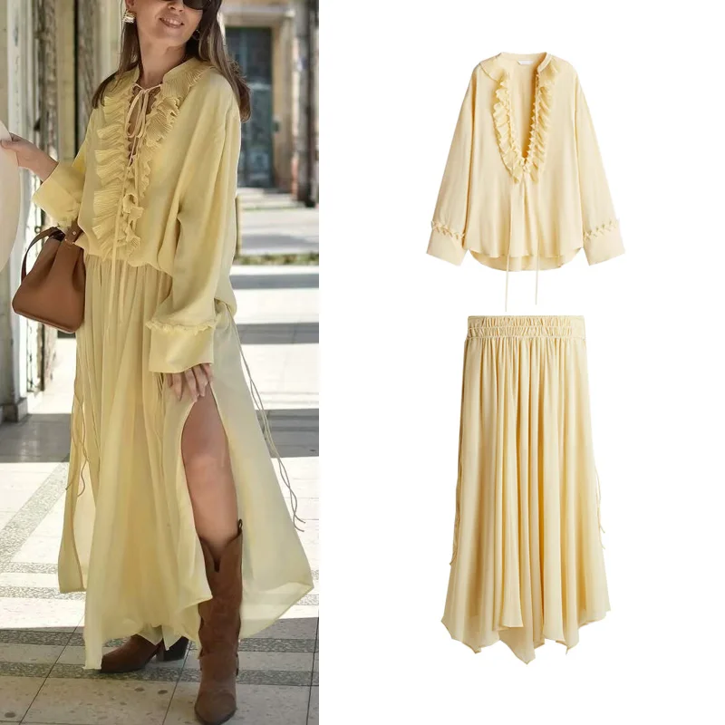 

Summer New Sle Loose V-Ne n Long irt And Chiffon f Skirt Two-Piece Set Long Pants Faionable Women's Ensemble