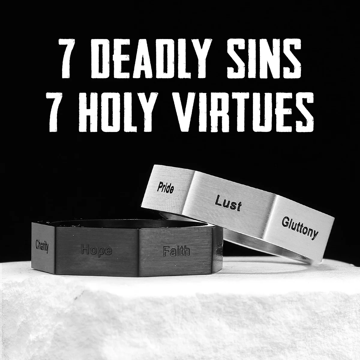 

7 Deadly Sins 7 Holy Virtues Stainless Steel Men Rings Punk New In For Male Women Fashion Jewelry Creativity Gift Wholesale
