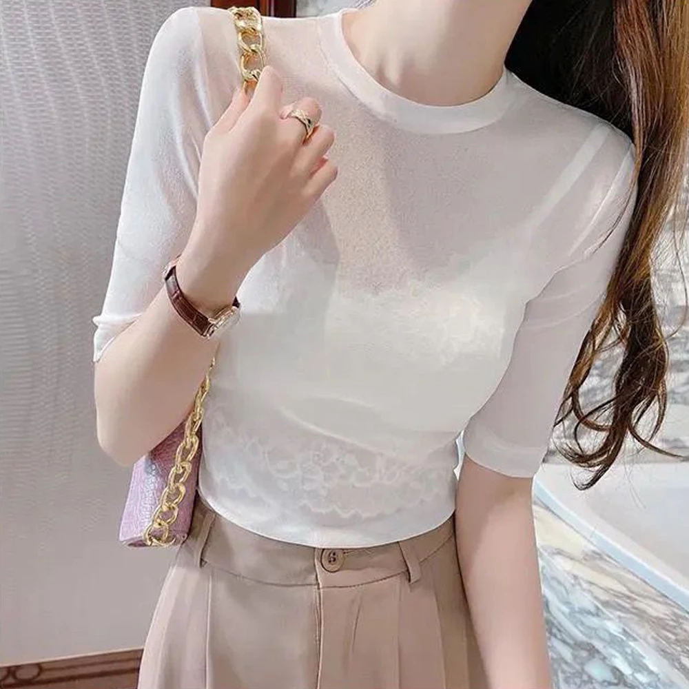 Transparent Mesh Short Sleeve Shirt Women Half Sleeve O-neck Thin T shirt Girls Coffee Purple Black White O Neck Female Blouses