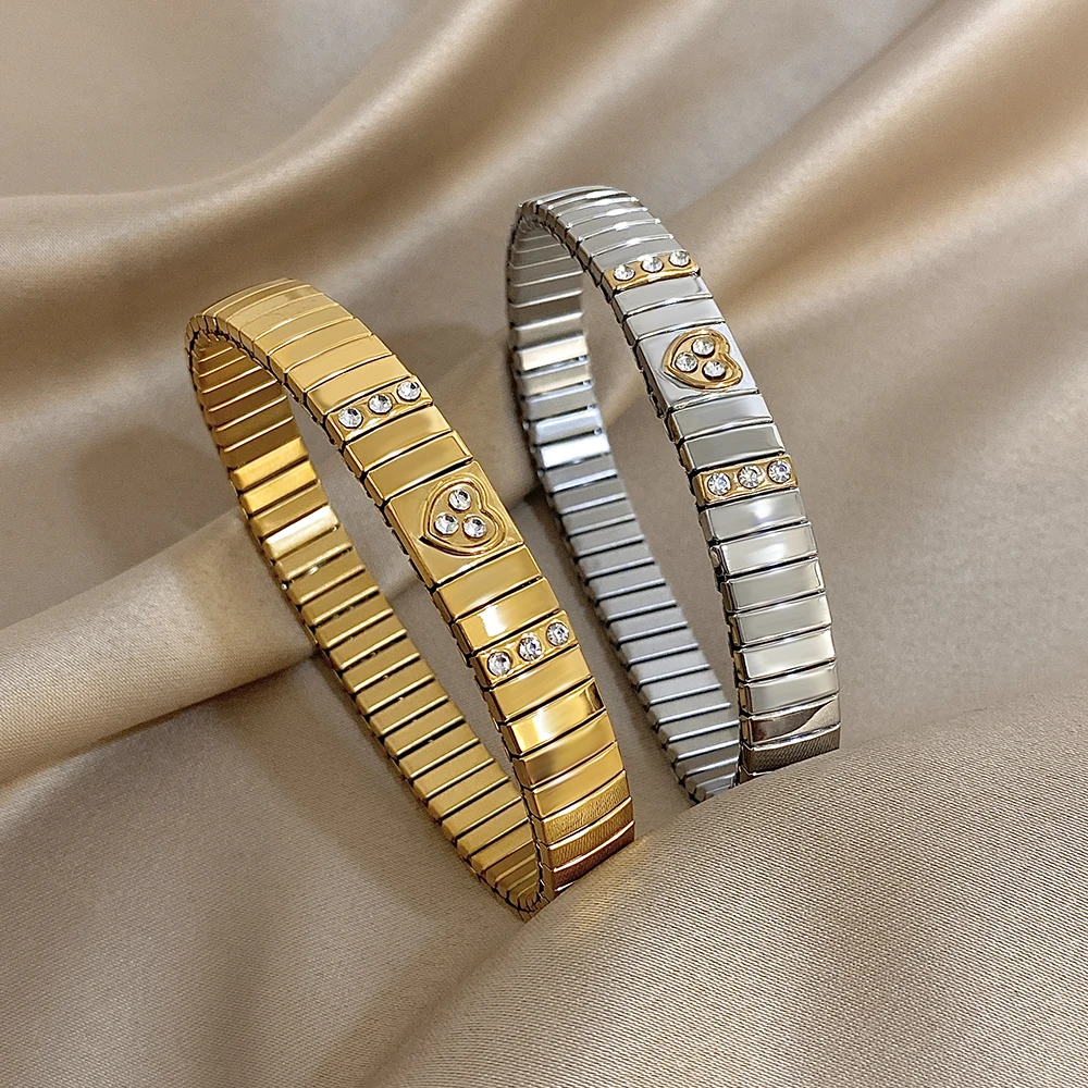 

Freetry Simple Waterproof Stainless Steel Bracelet for Women Elastic Italian Strap Chain Bangle Geometry Heart Wide Bracelet