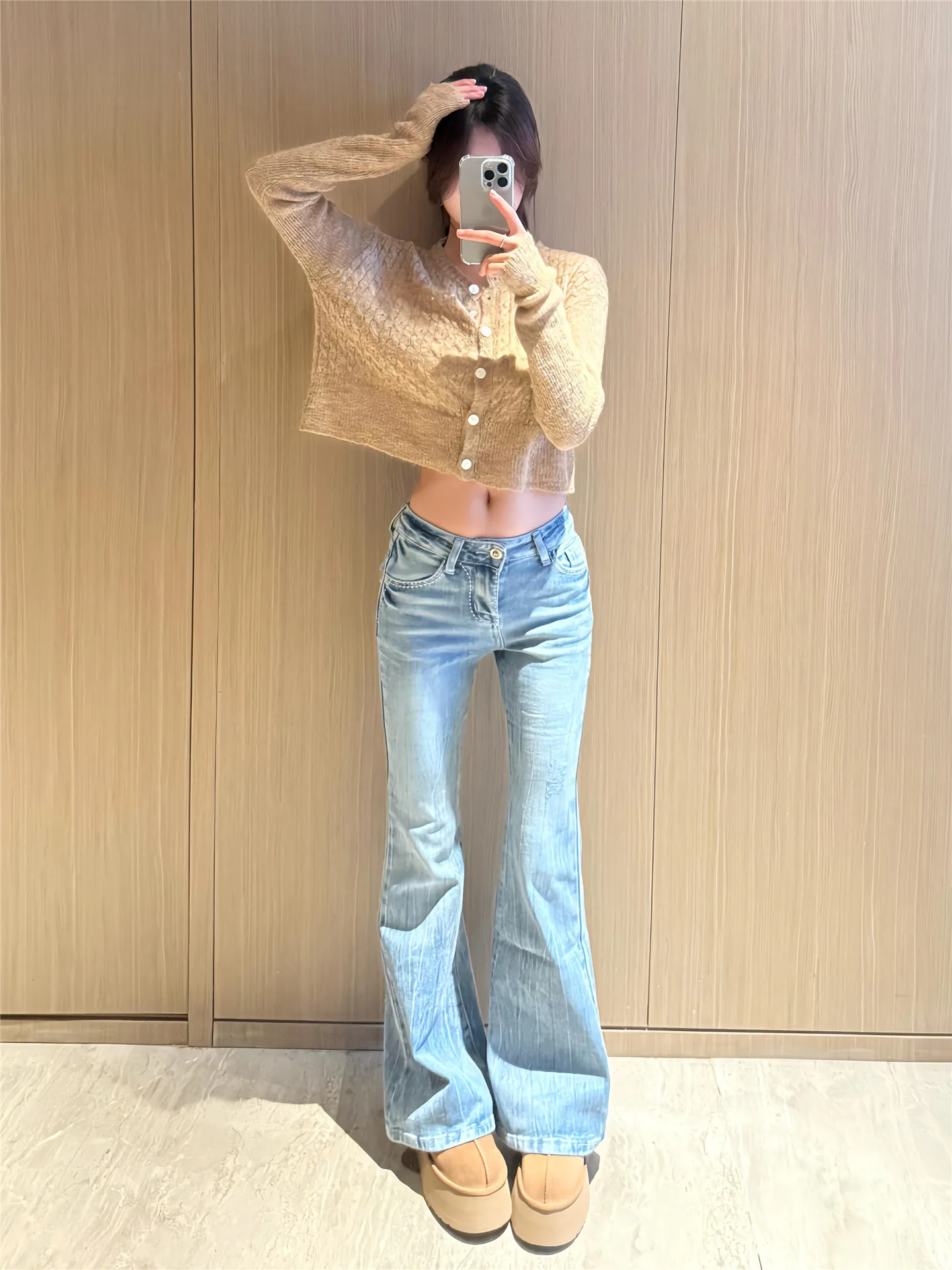 

Extended Length Retro Low Waist Bell Bottom Women's Jeans Embroidered Slimming Design Casual Cotton Blend Spring Fashion