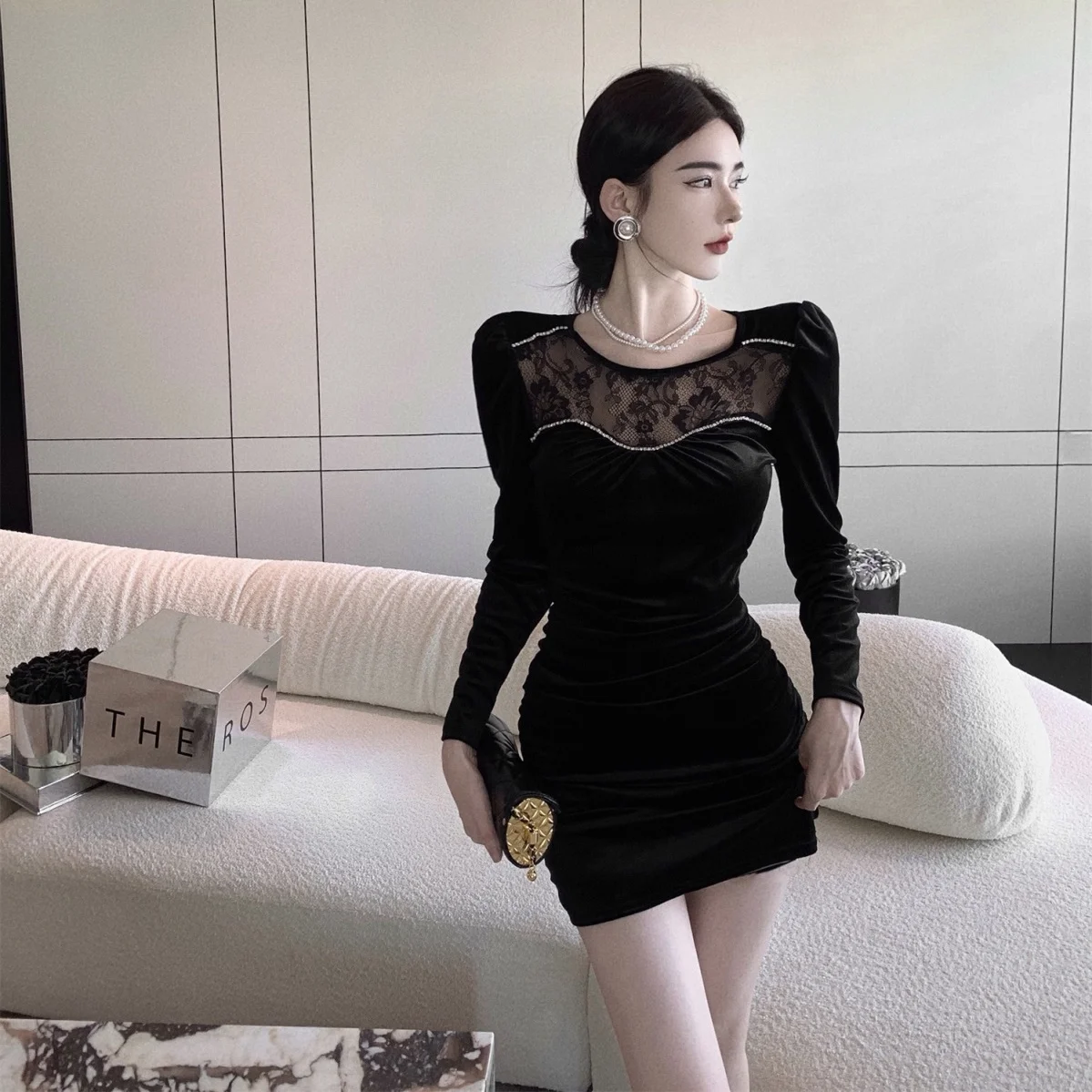 Gagaok Sexy Dress Elegant Round Neck Diamond Chain Velvet Splicing Lace Wrinkle Slimming Bodycon Dresses Women Clothes Spring